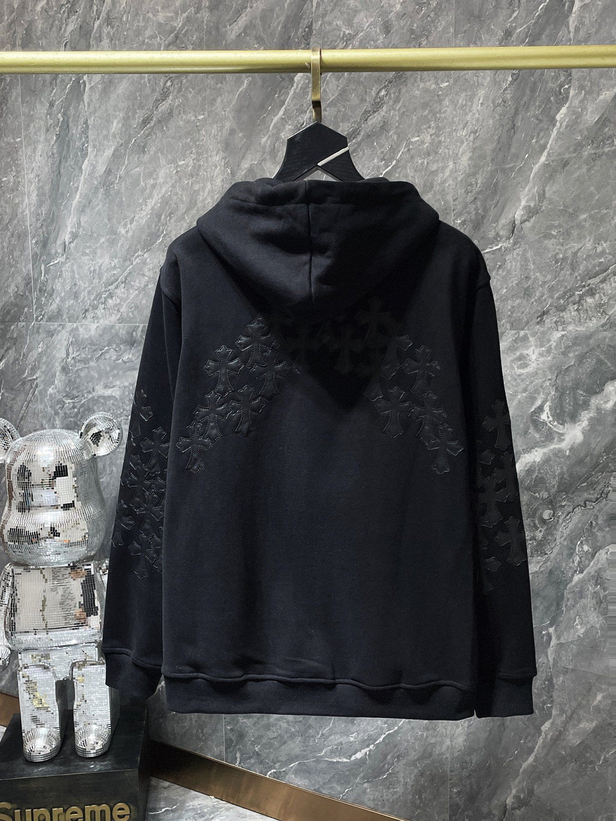 Black Leather Cross Patch Black Full Zip Hoodie™