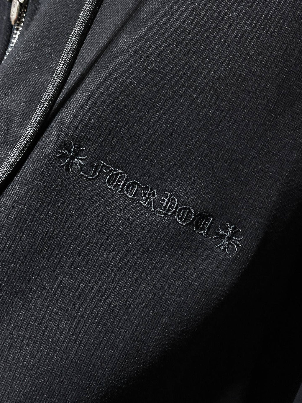 Black Leather Cross Patch Black Full Zip Hoodie™