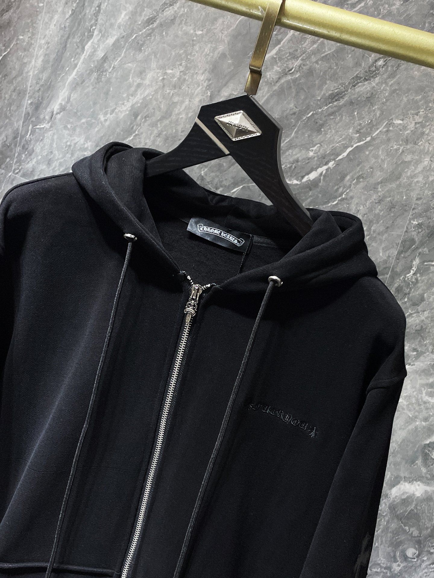 Black Leather Cross Patch Black Full Zip Hoodie™