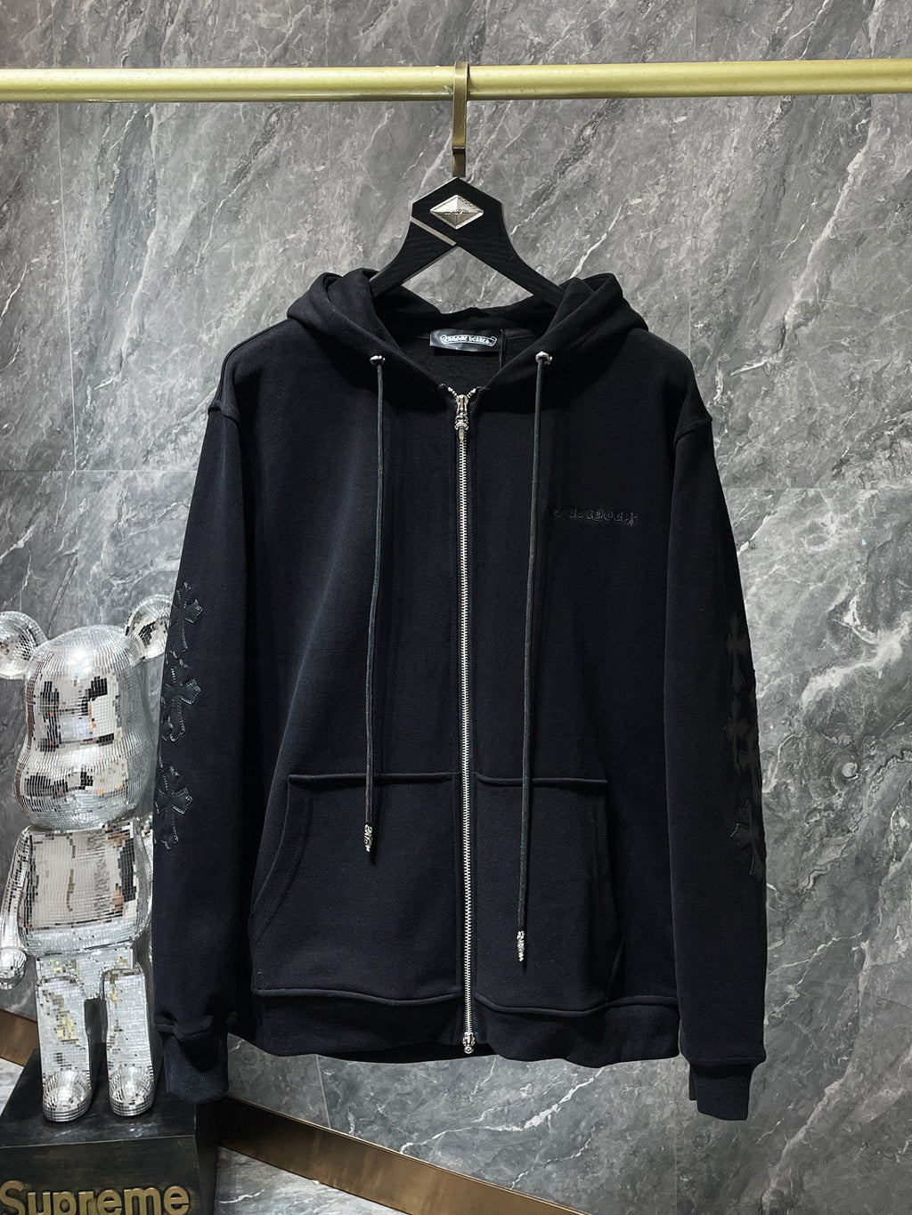 Black Leather Cross Patch Black Full Zip Hoodie™