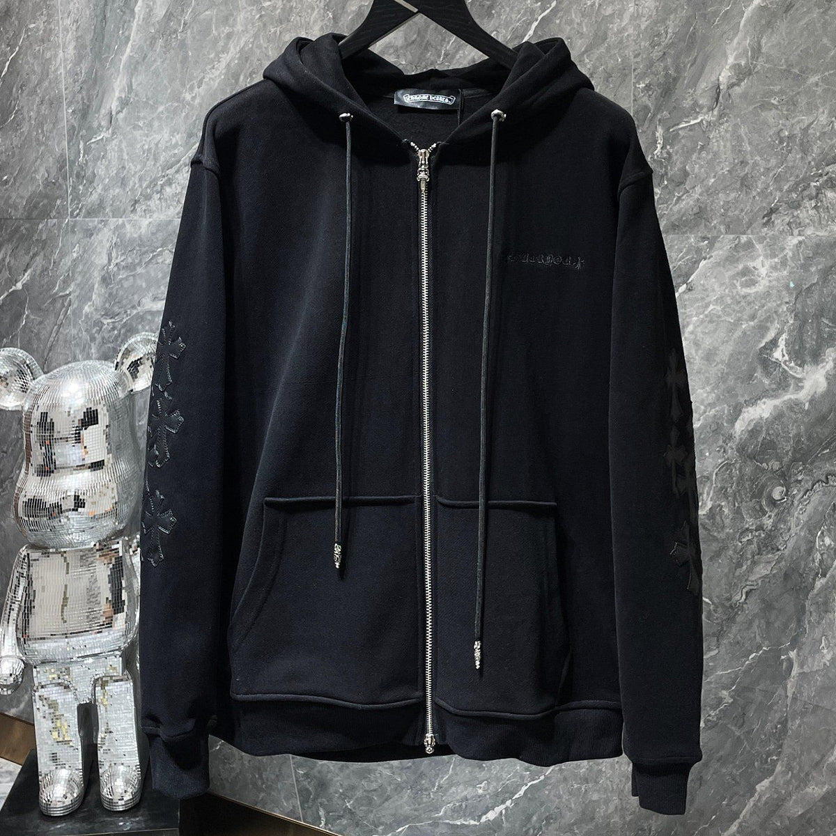 Black Leather Cross Patch Black Full Zip Hoodie™
