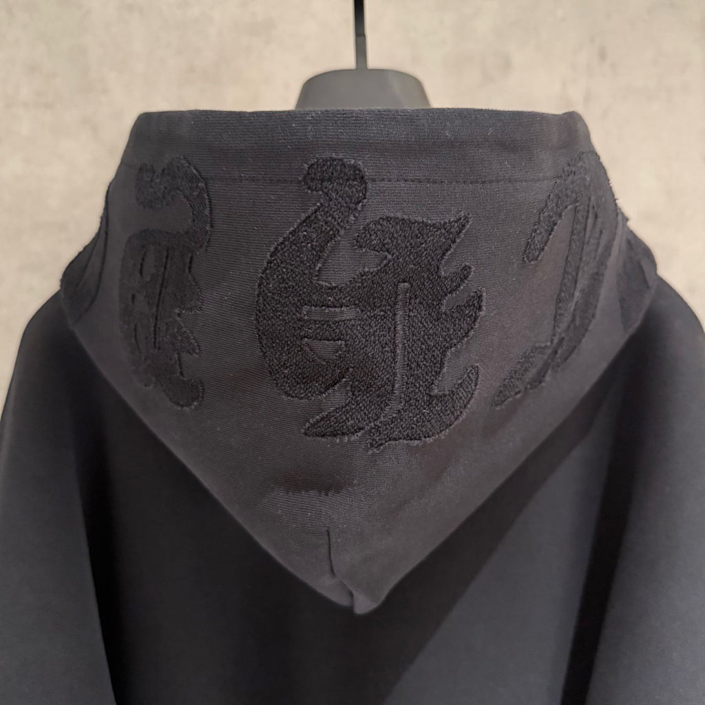 Embroidered Hood & Leather Cross Patch Black Oversized Hoodie™