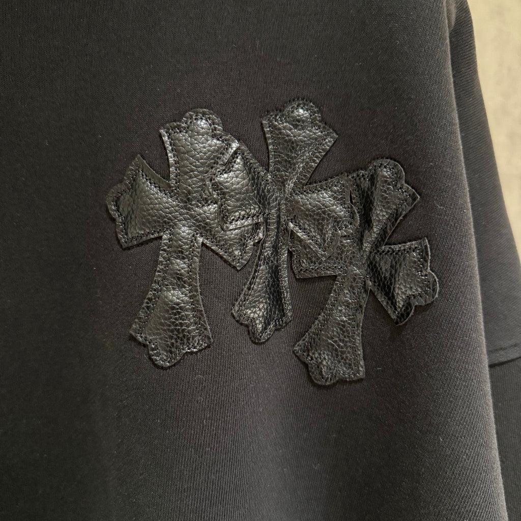 Embroidered Hood & Leather Cross Patch Black Oversized Hoodie™