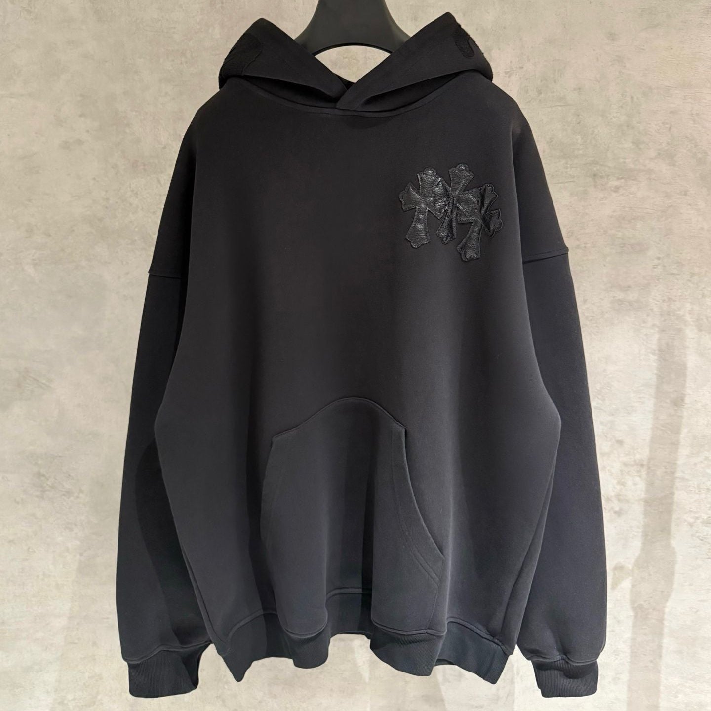 Embroidered Hood & Leather Cross Patch Black Oversized Hoodie™