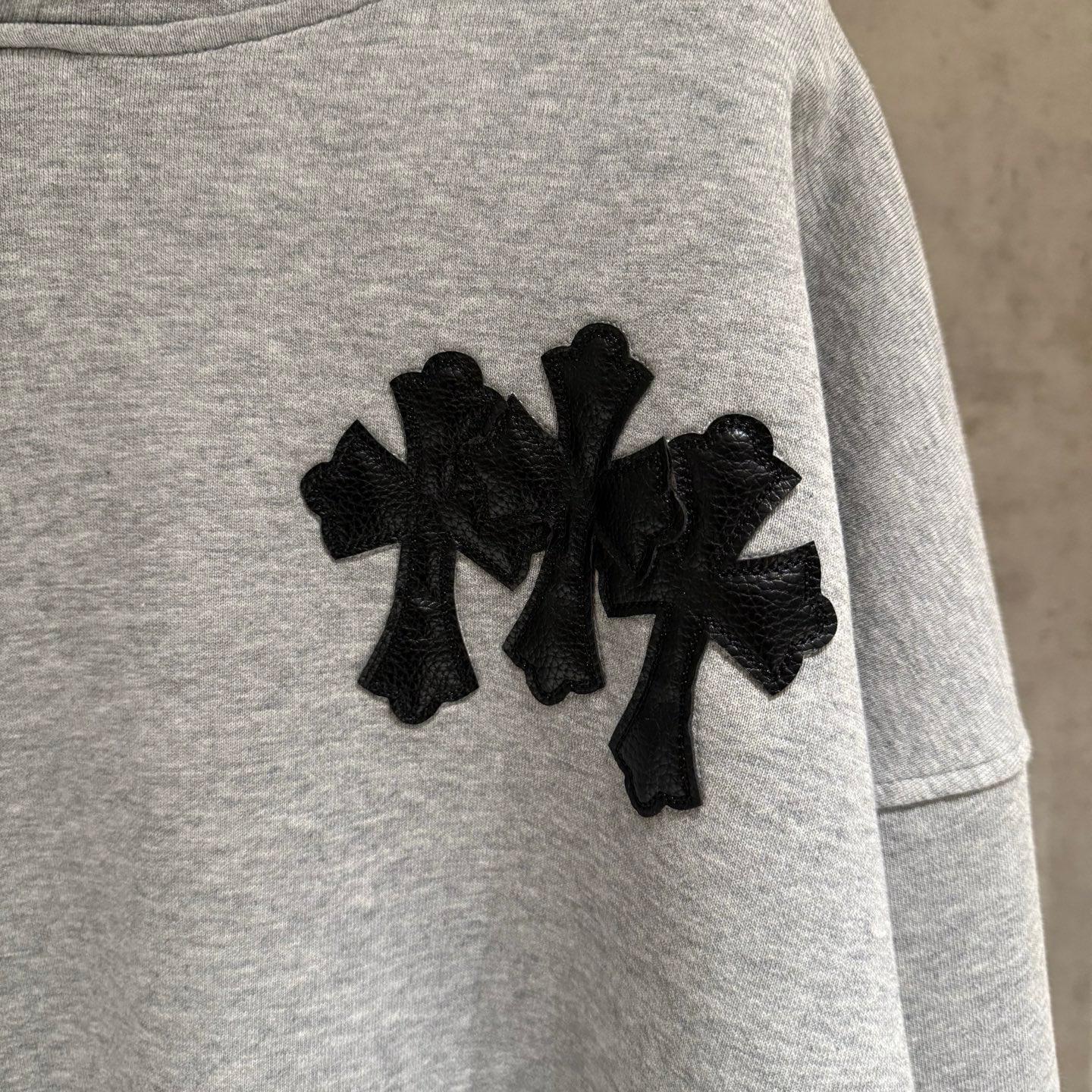 Embroidered Hood & Leather Cross Patch Grey Oversized Hoodie™
