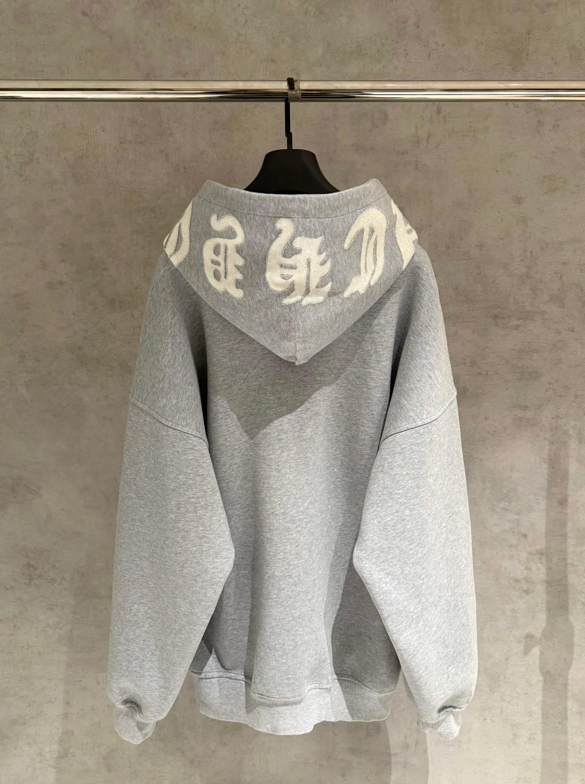 Embroidered Hood & Leather Cross Patch Grey Oversized Hoodie™