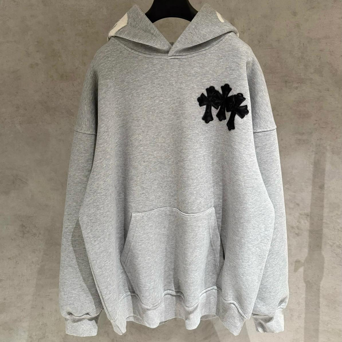 Embroidered Hood & Leather Cross Patch Grey Oversized Hoodie™