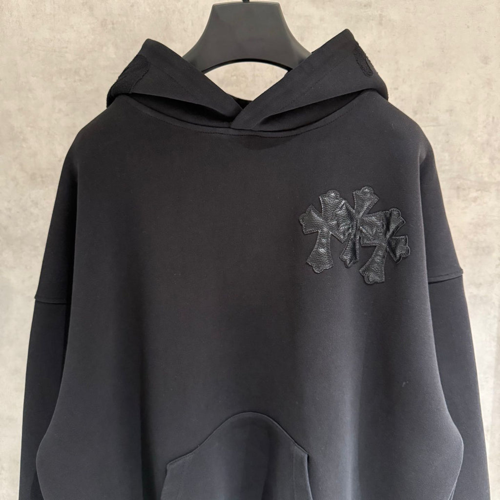 Embroidered Hood & Leather Cross Patch Black Oversized Hoodie™