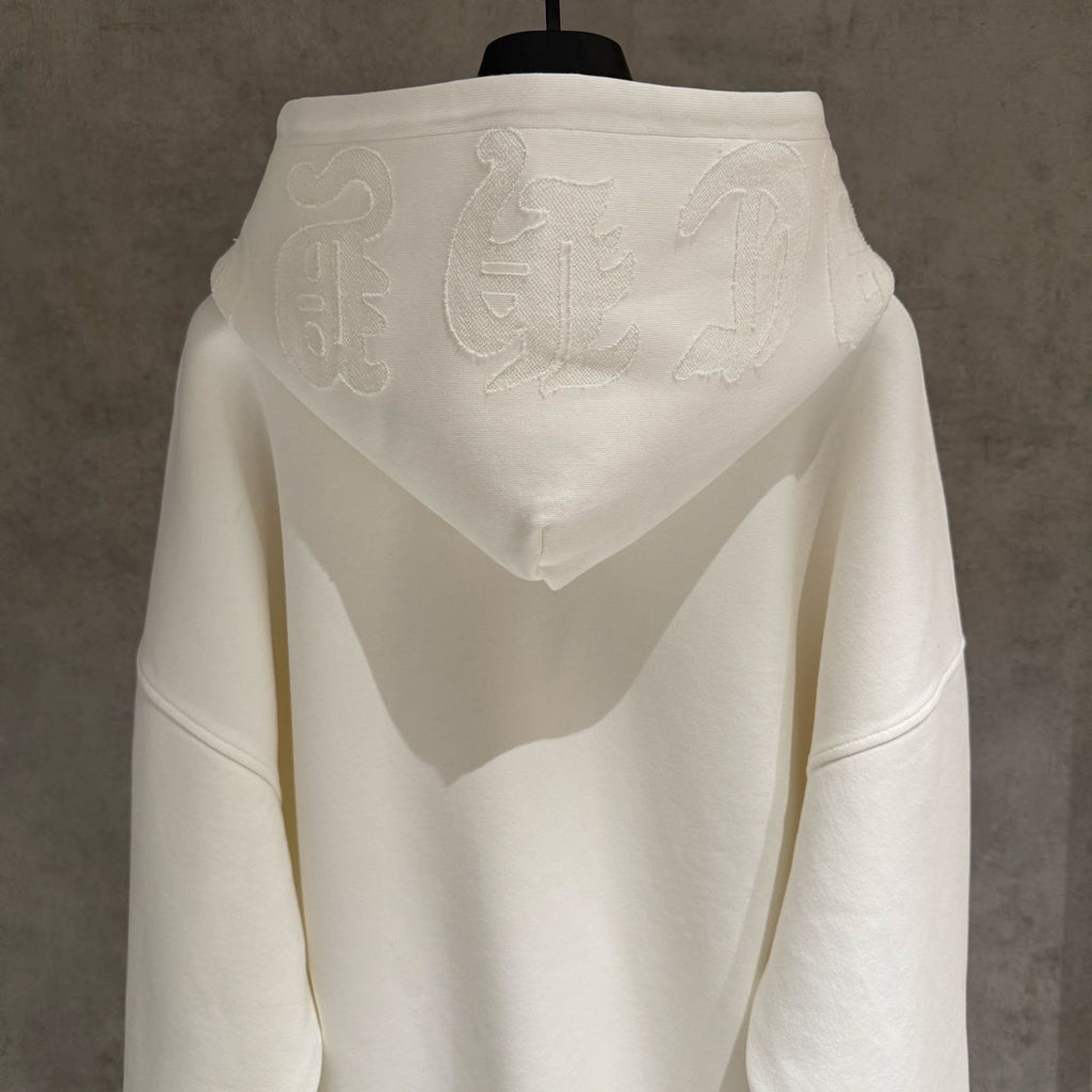 Embroidered Hood & Leather Cross Patch White Oversized Hoodie™