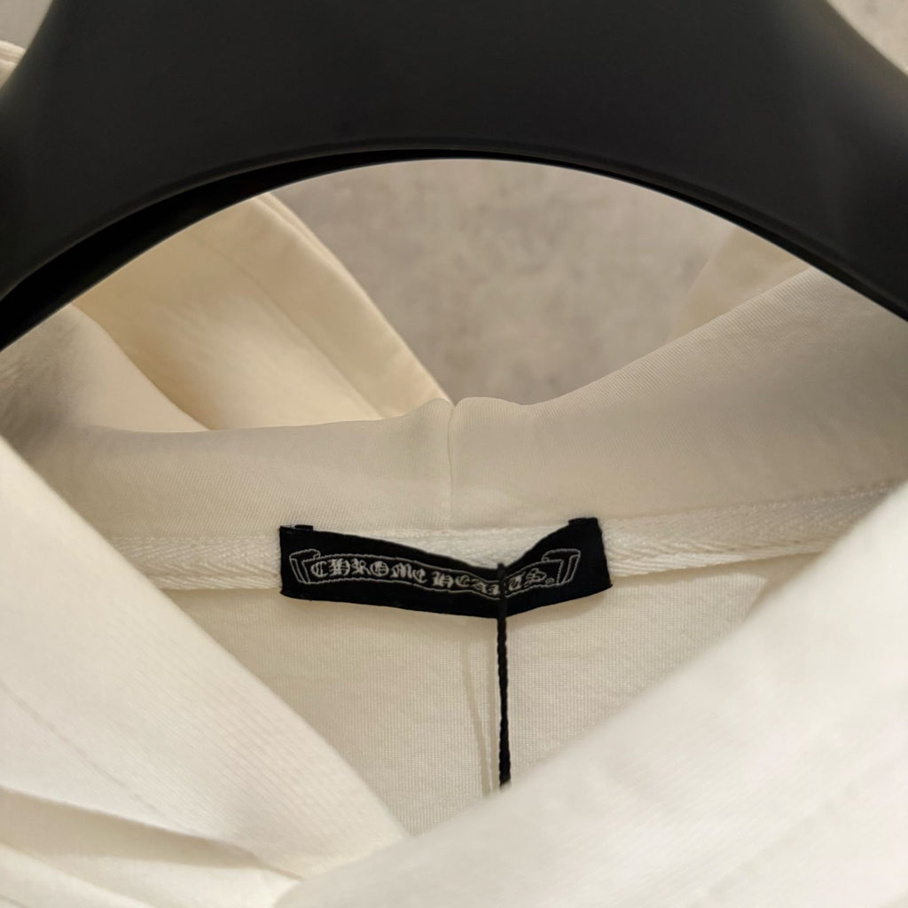 Embroidered Hood & Leather Cross Patch White Oversized Hoodie™