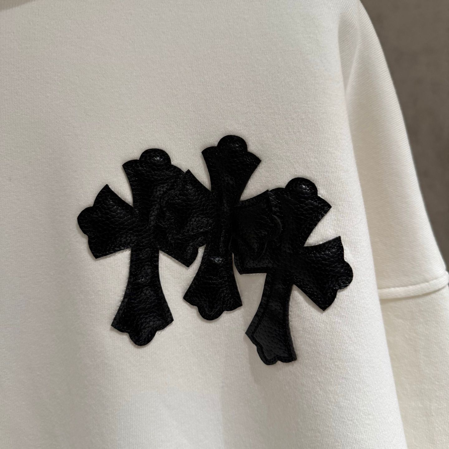 Embroidered Hood & Leather Cross Patch White Oversized Hoodie™