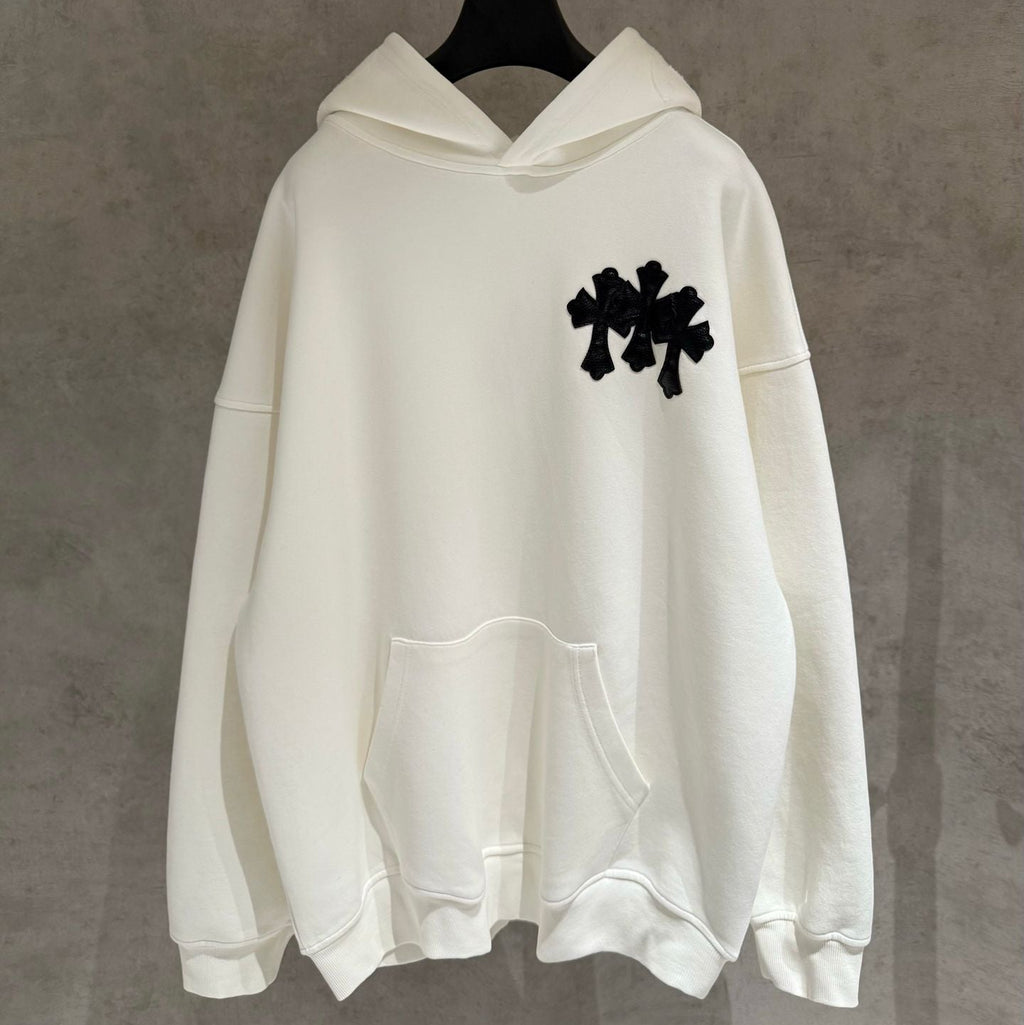 Embroidered Hood & Leather Cross Patch White Oversized Hoodie™