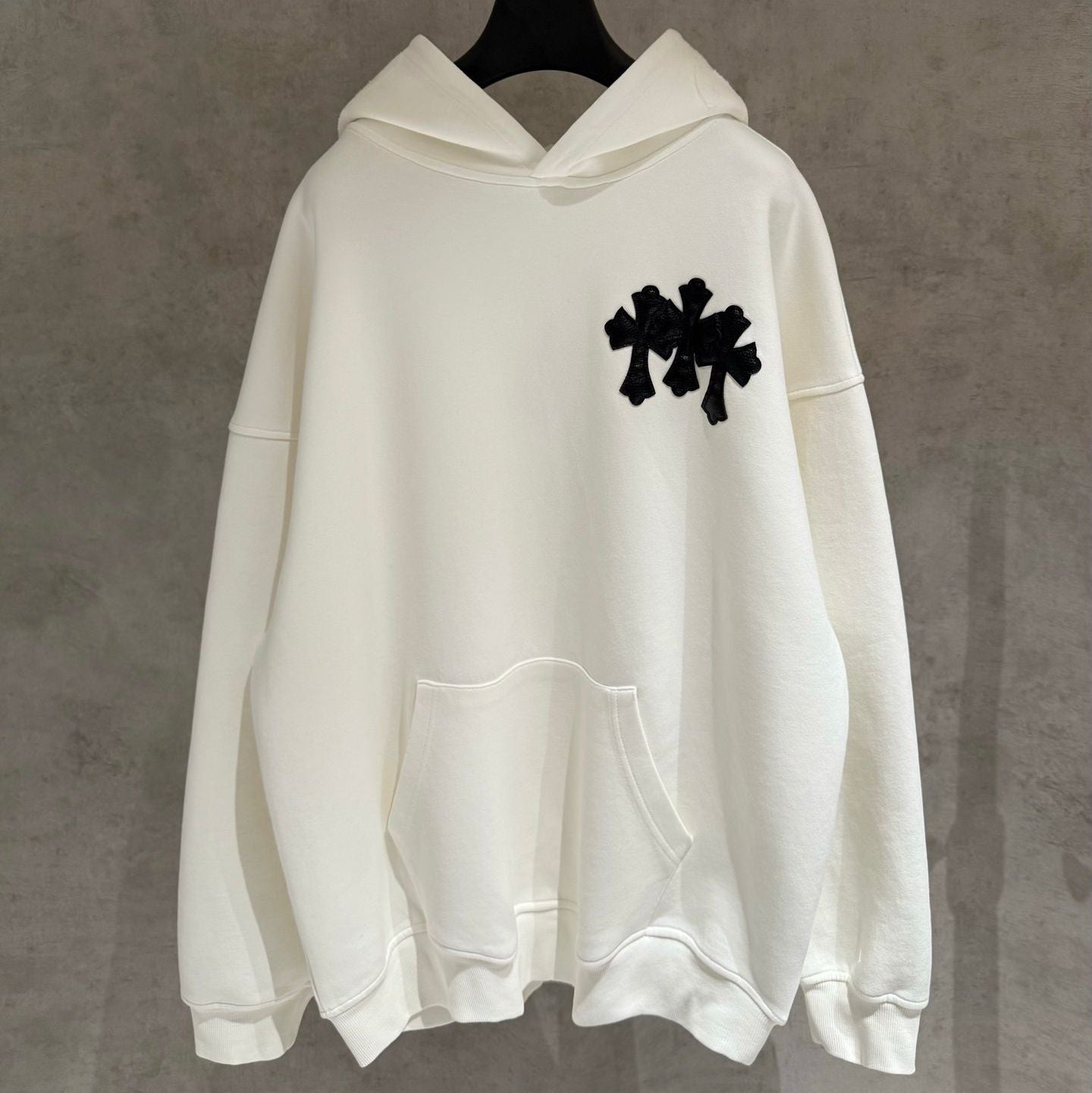 Embroidered Hood & Leather Cross Patch White Oversized Hoodie™