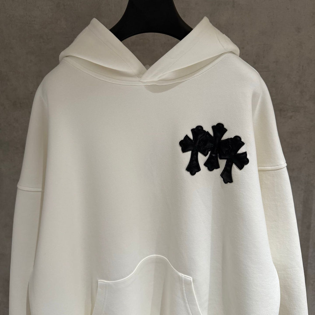 Embroidered Hood & Leather Cross Patch White Oversized Hoodie™