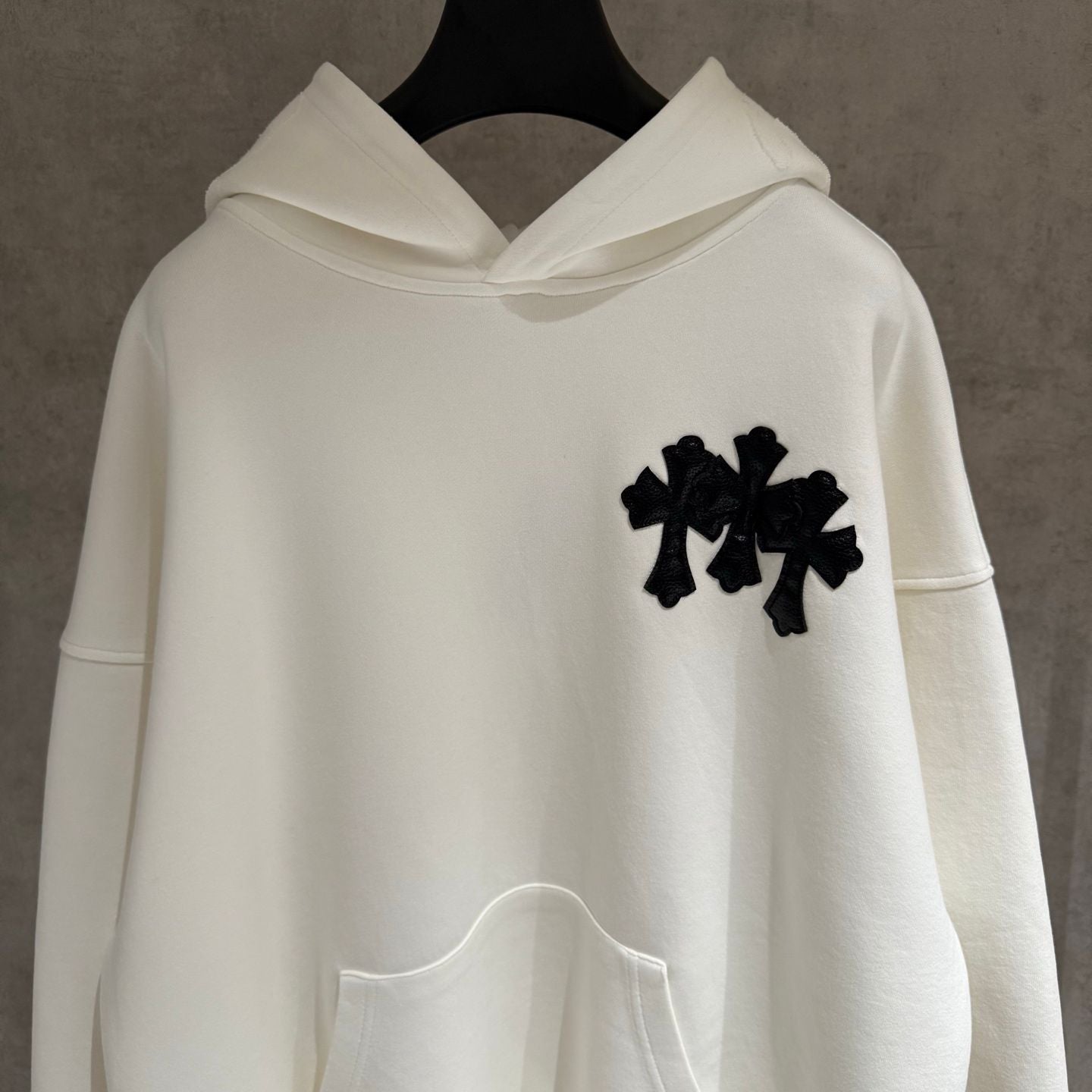 Embroidered Hood & Leather Cross Patch White Oversized Hoodie™
