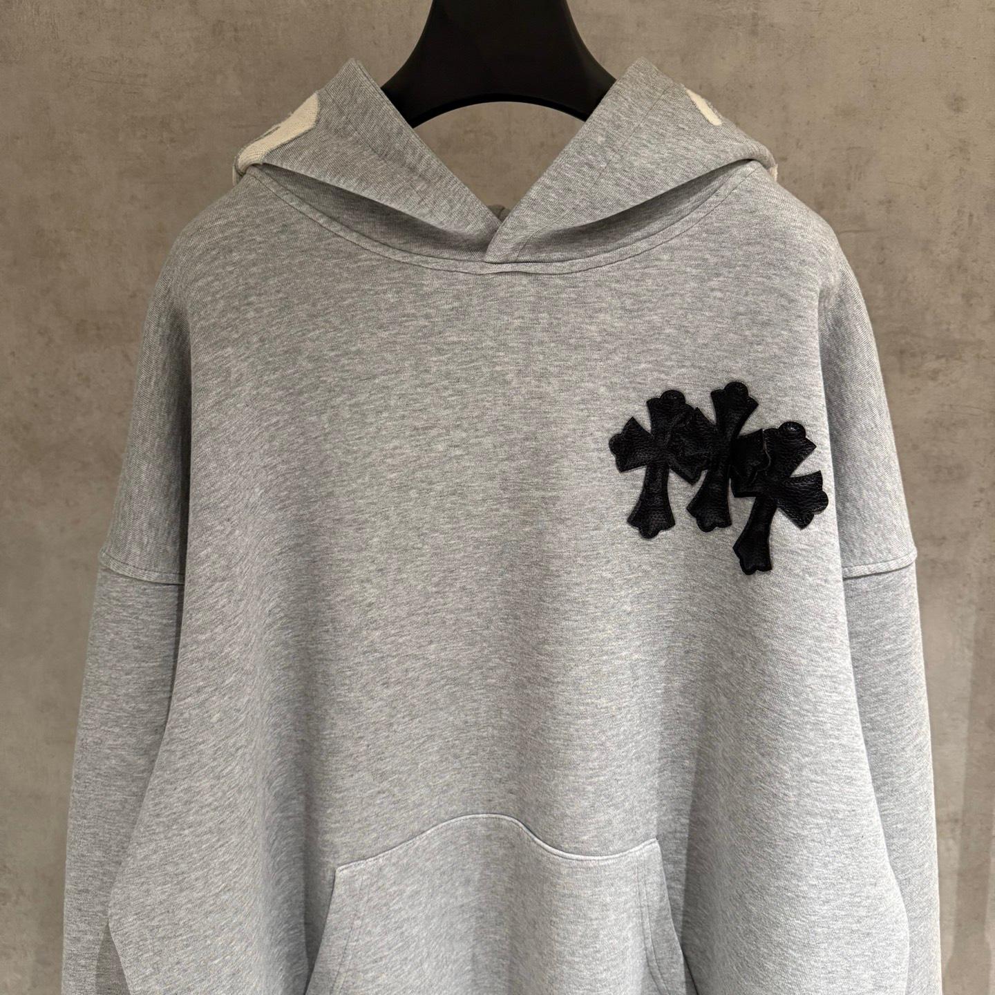 Embroidered Hood & Leather Cross Patch Grey Oversized Hoodie™