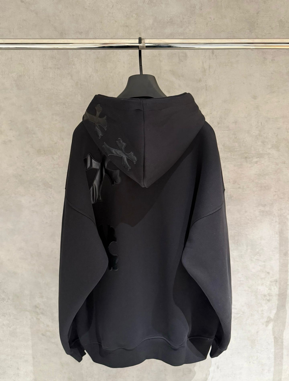 Leather Cross Oversized Black Hoodie™