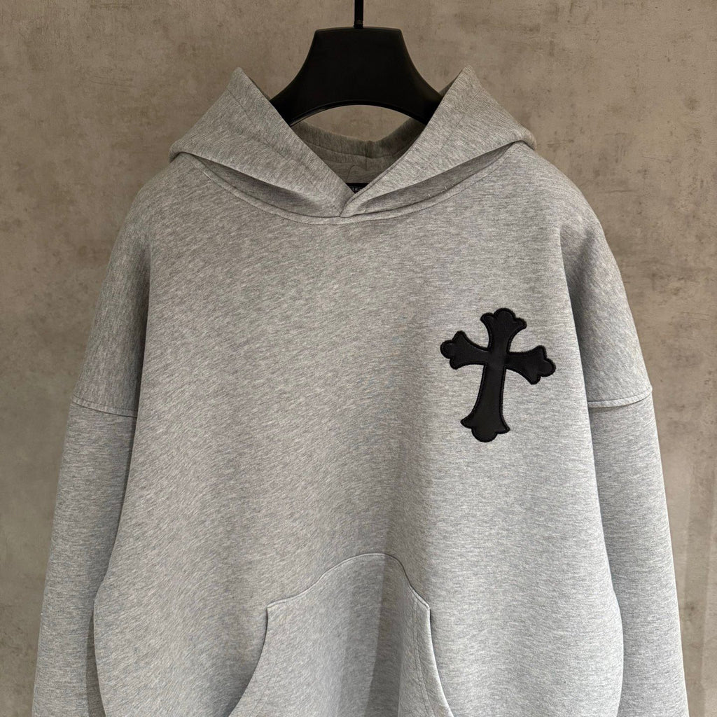 Leather Cross Oversized Grey Hoodie™