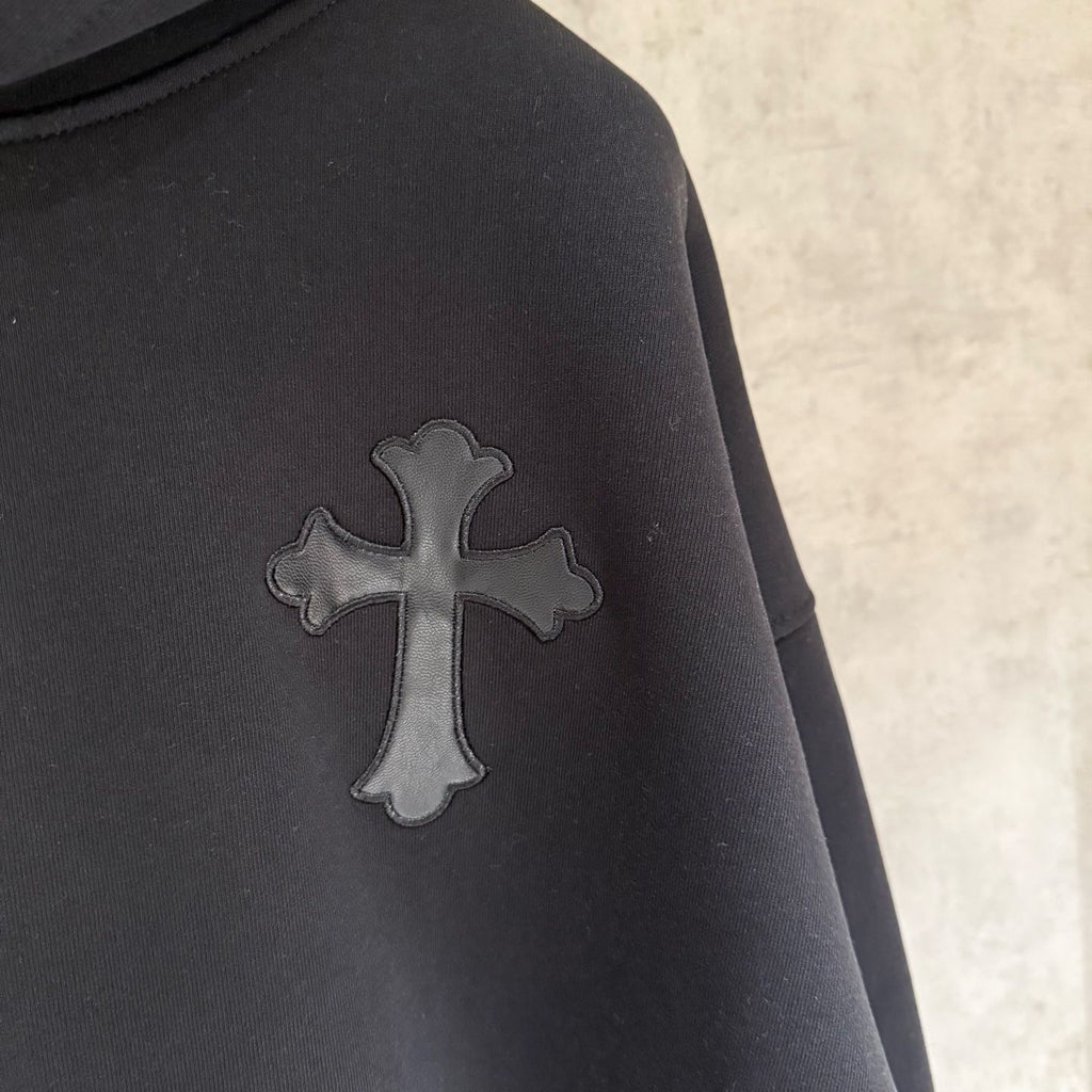 Leather Cross Oversized Black Hoodie™