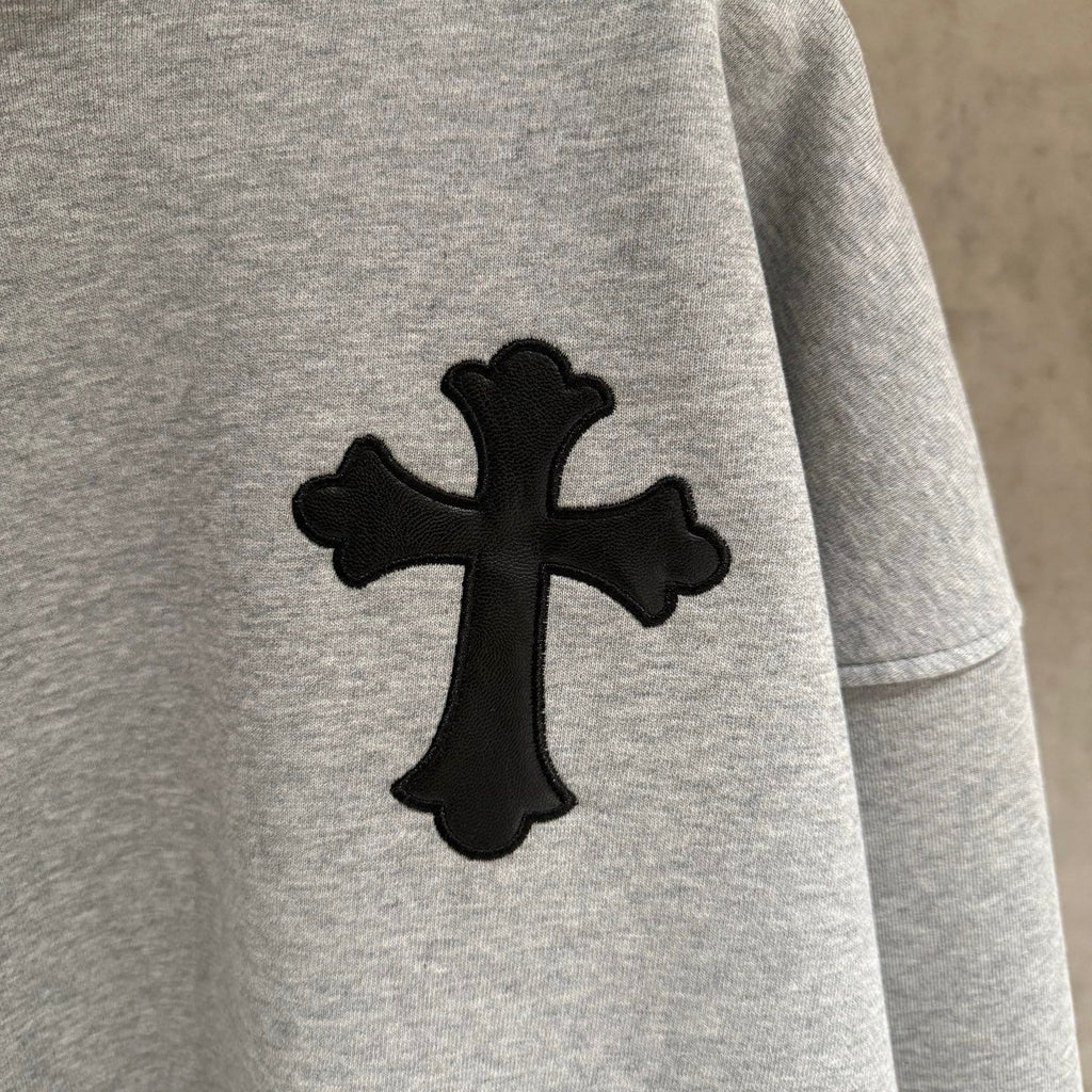 Leather Cross Oversized Grey Hoodie™