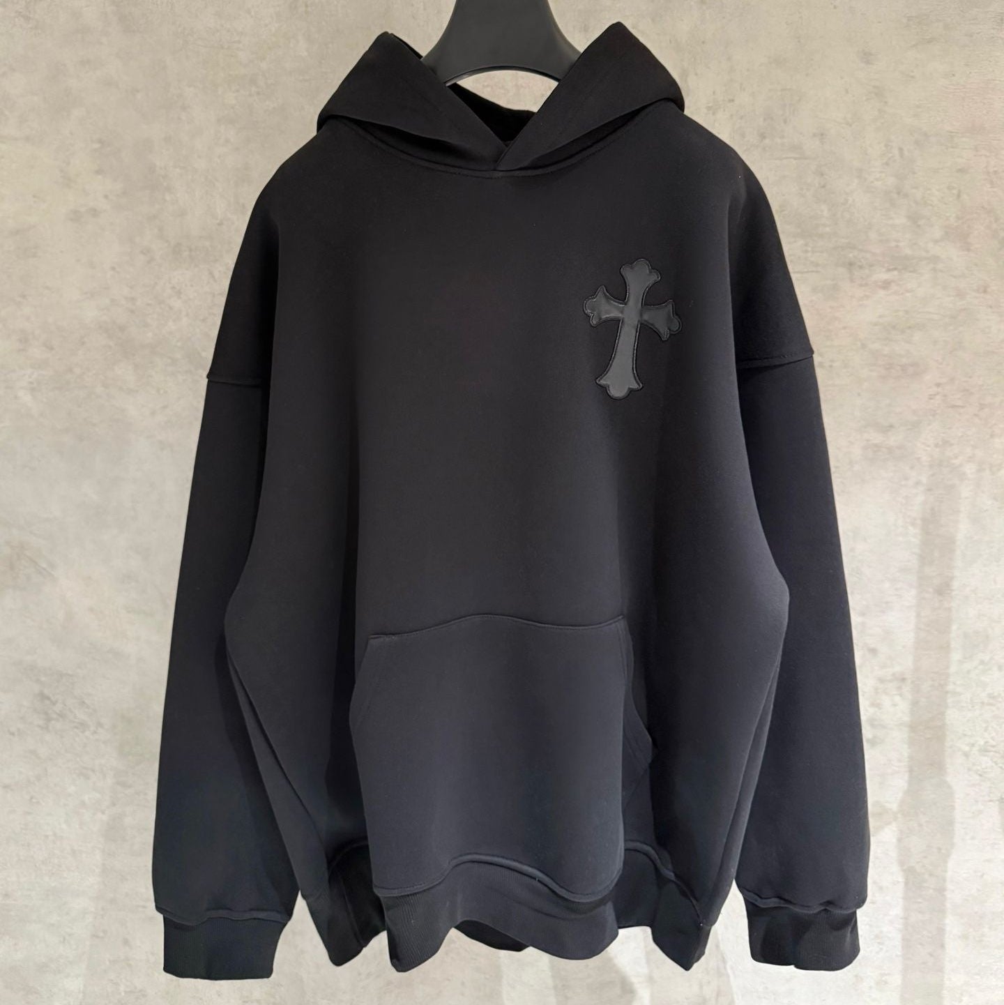 Leather Cross Oversized Black Hoodie™