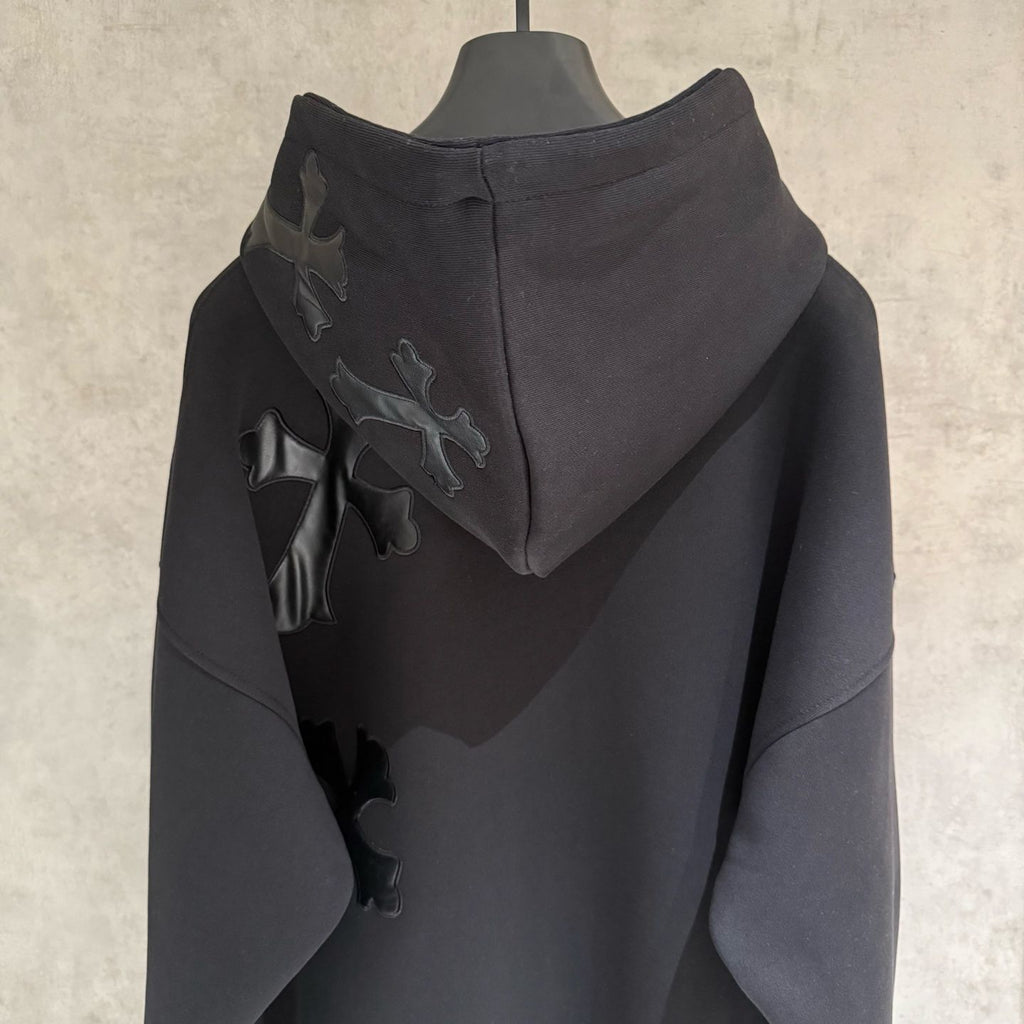 Leather Cross Oversized Black Hoodie™