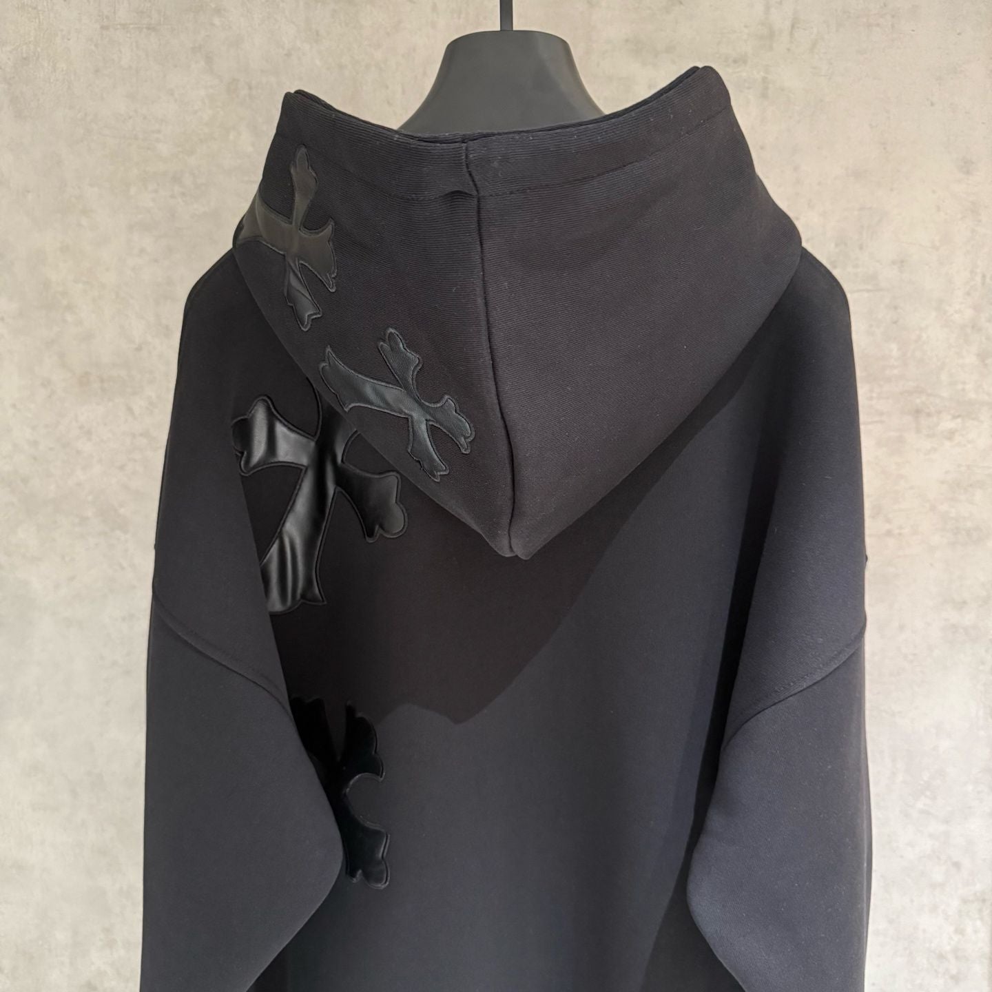 Leather Cross Oversized Black Hoodie™