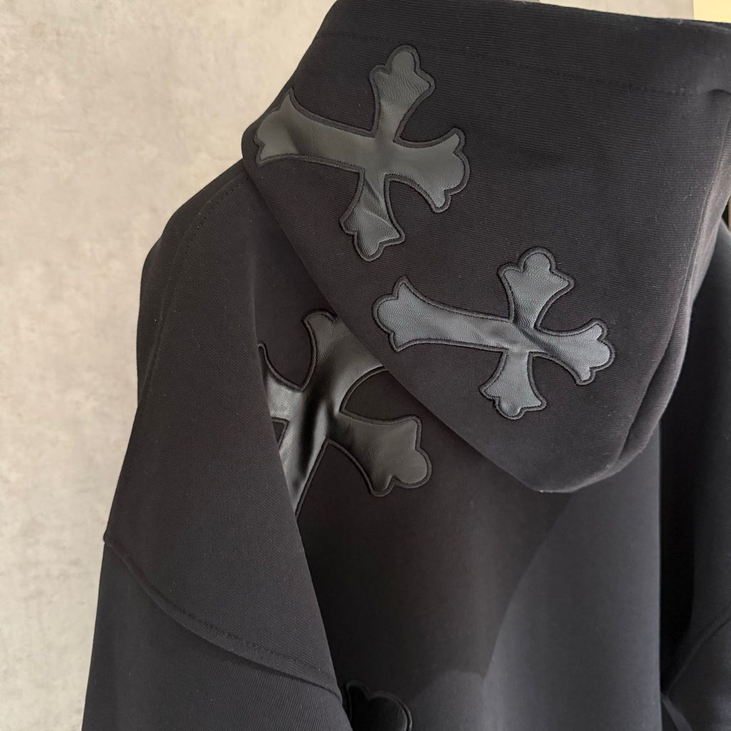 Leather Cross Oversized Black Hoodie™