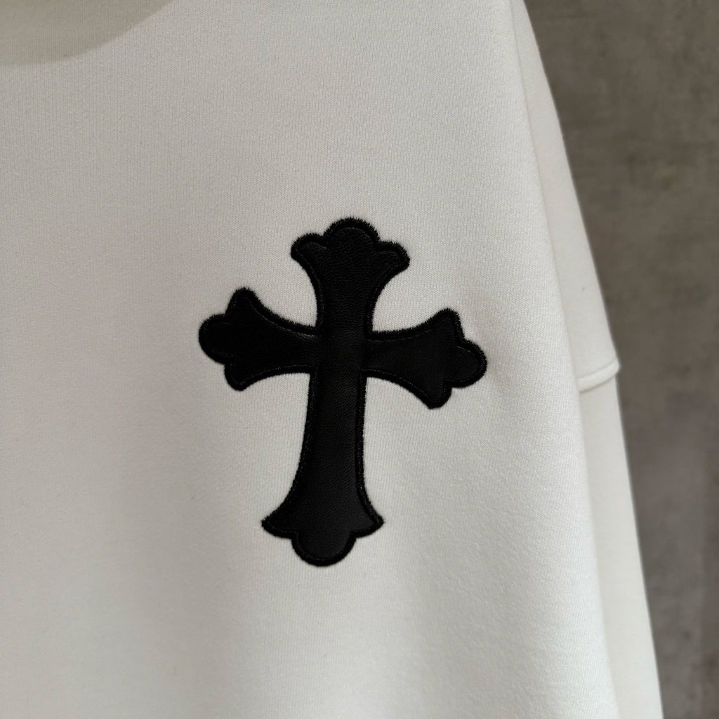 Leather Cross Oversized White Hoodie™