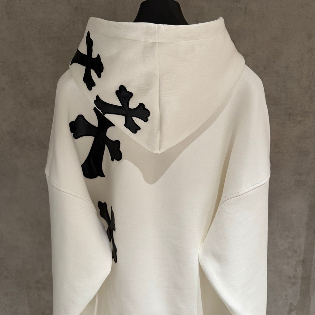 Leather Cross Oversized White Hoodie™