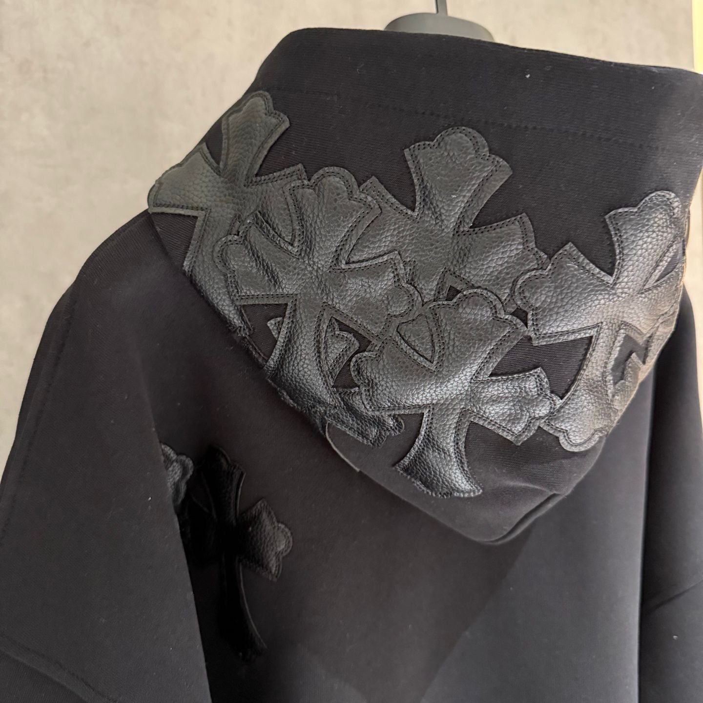 Leather Cross Patch Hood Black Hoodie™