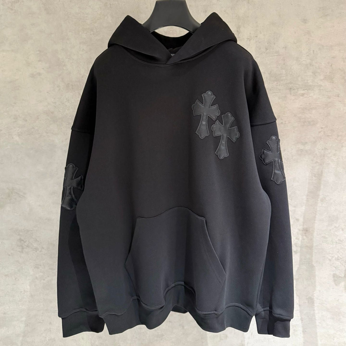 Leather Cross Patch Hood Black Hoodie™
