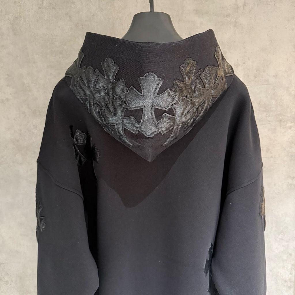 Leather Cross Patch Hood Black Hoodie™