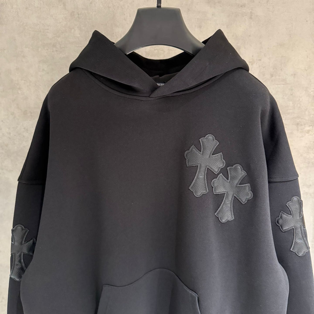 Leather Cross Patch Hood Black Hoodie™