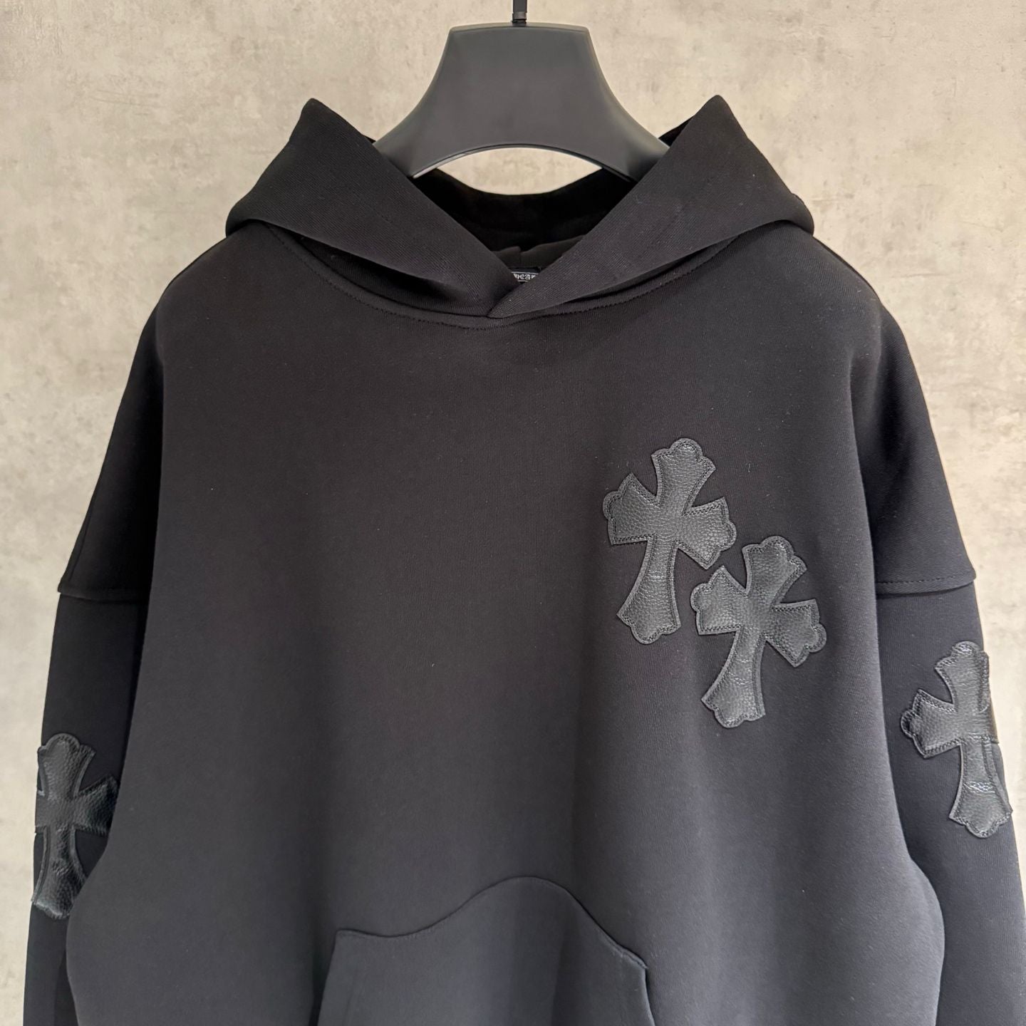 Leather Cross Patch Hood Black Hoodie™