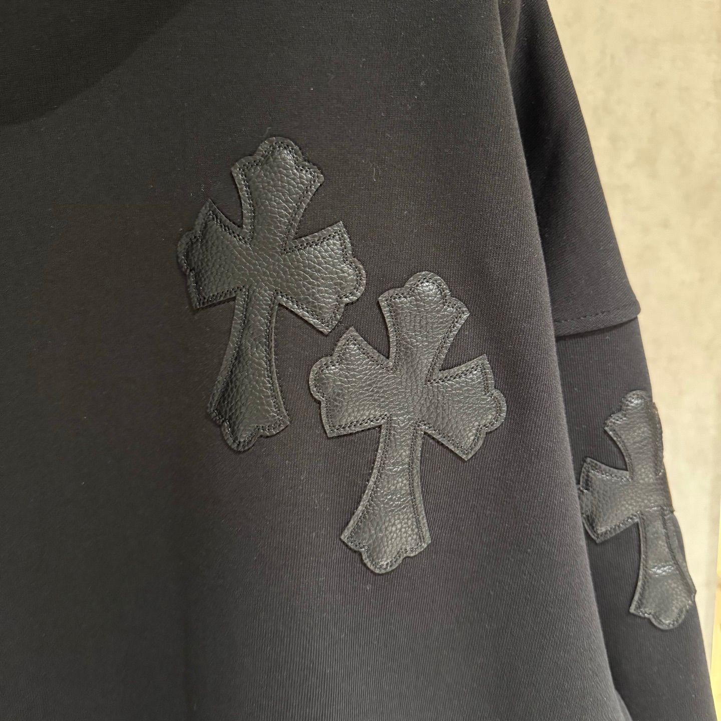 Leather Cross Patch Hood Black Hoodie™