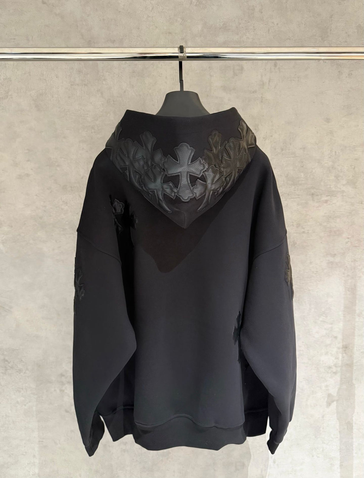 Leather Cross Patch Hood Black Hoodie™