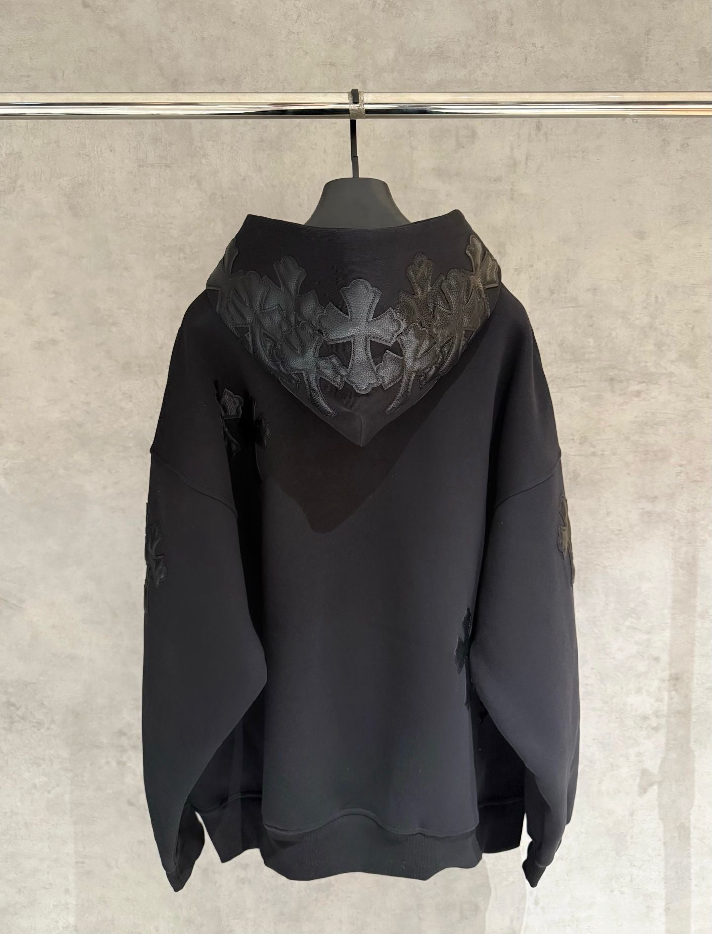 Leather Cross Patch Hood Black Hoodie™