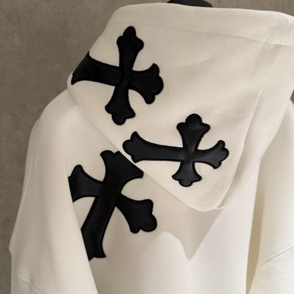 Leather Cross Patch Hood White Hoodie™