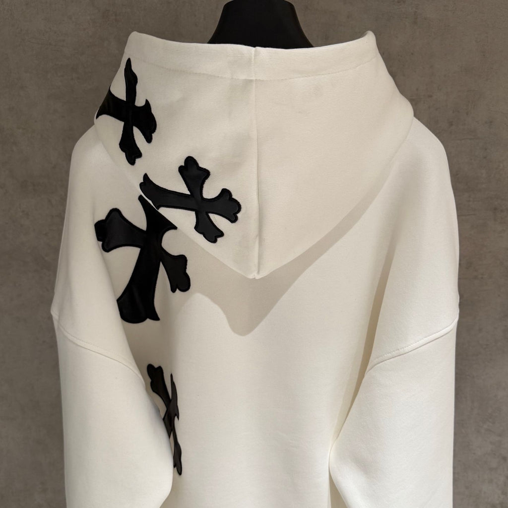Leather Cross Patch Hood White Hoodie™