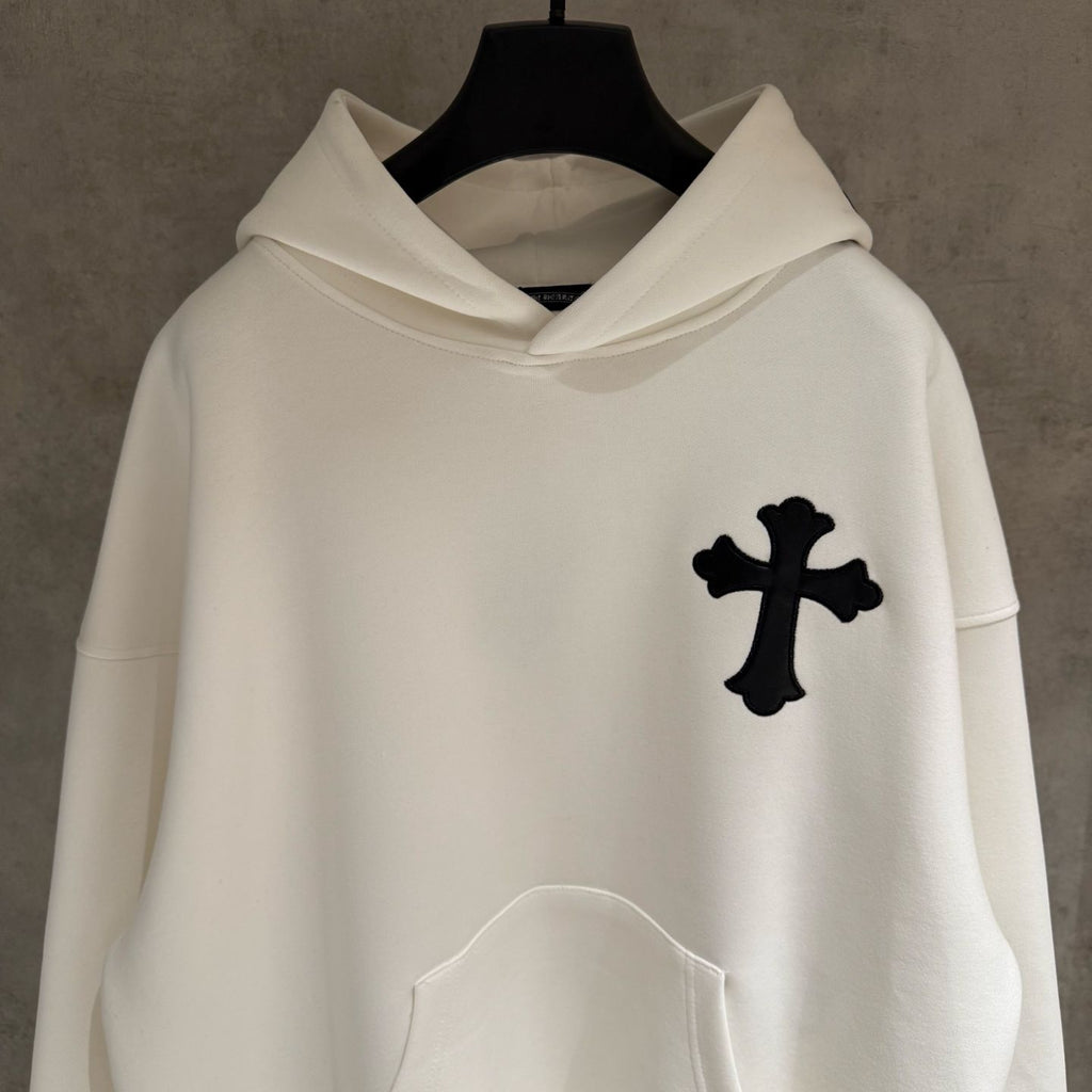 Leather Cross Patch Hood White Hoodie™