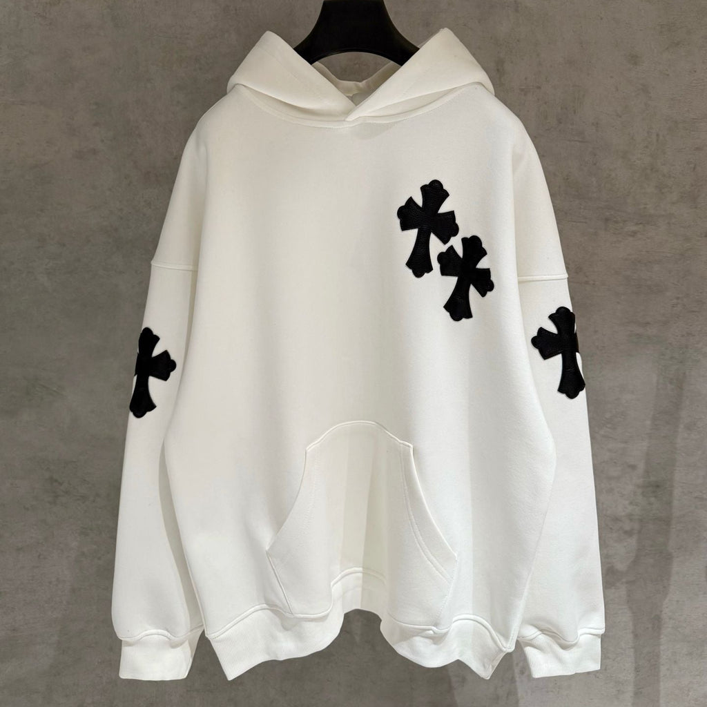 Leather Cross Patch Hood White Hoodie™