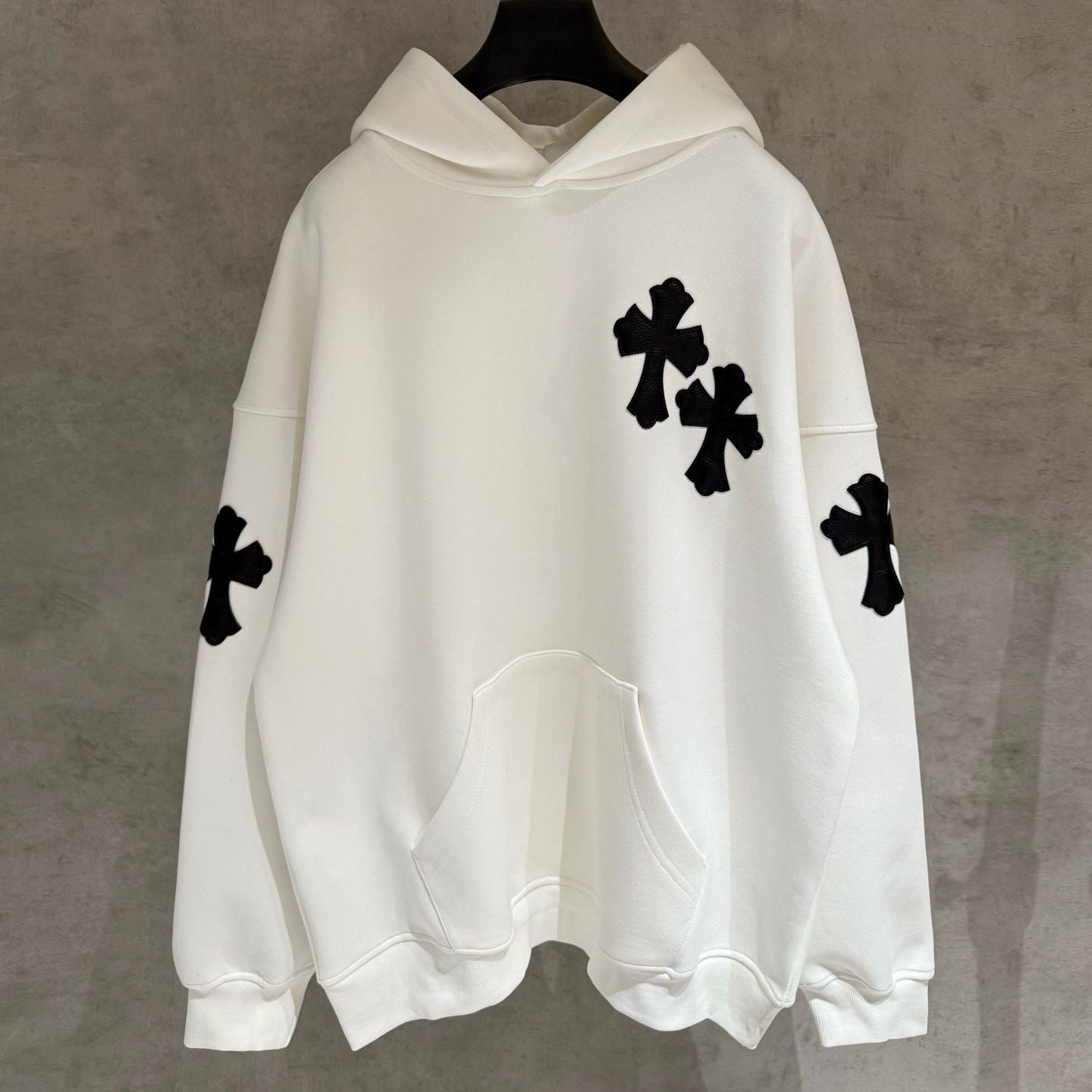 Leather Cross Patch Hood White Hoodie™
