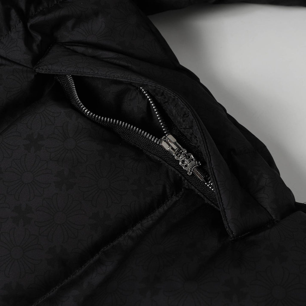 Flower Cross Pattern Black Puffer Jacket™