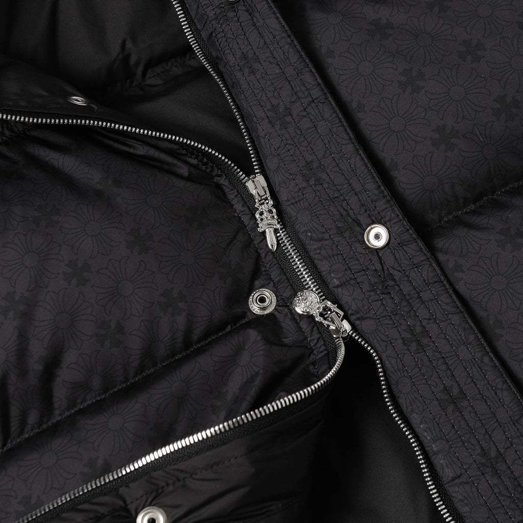 Flower Cross Pattern Black Puffer Jacket™