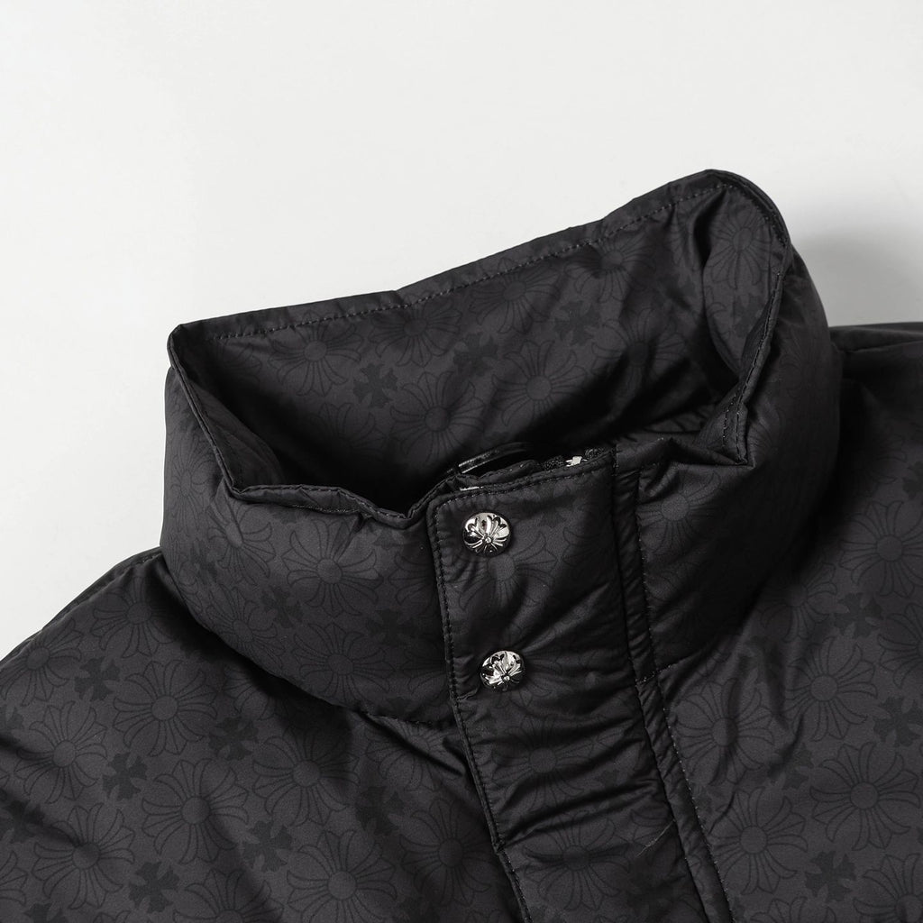 Flower Cross Pattern Black Puffer Jacket™