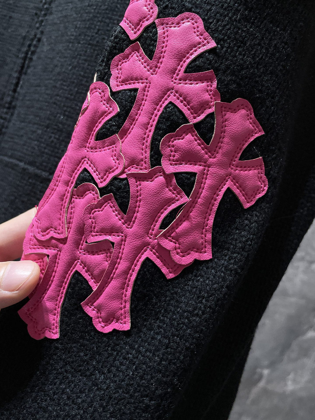 Pink Leather Cross Patch Black Wool Hoodie™