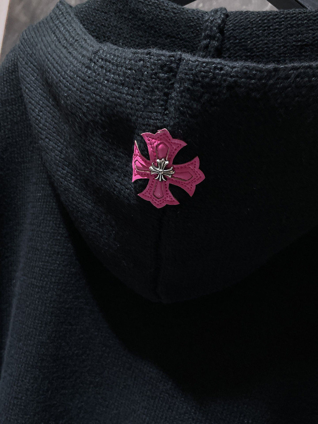 Pink Leather Cross Patch Black Wool Hoodie™