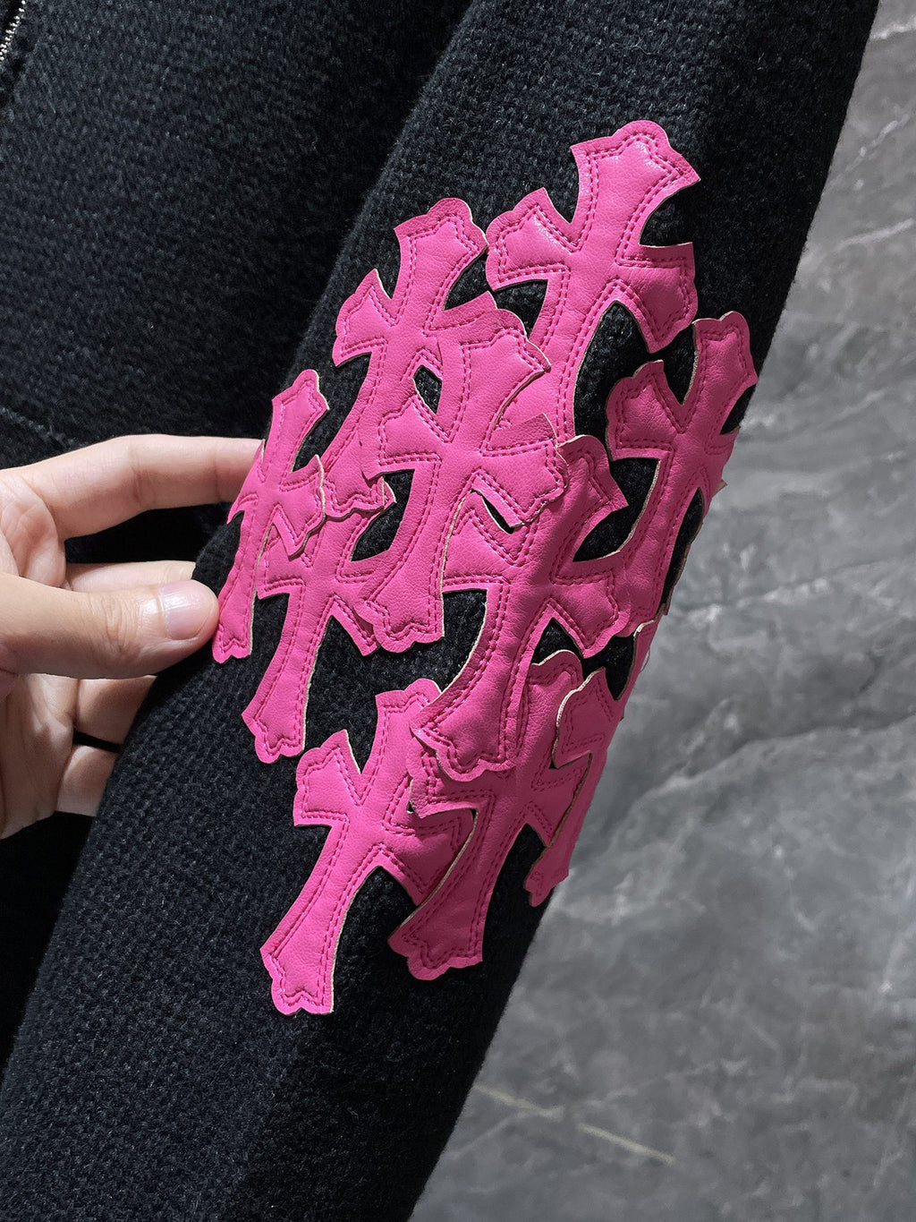 Pink Leather Cross Patch Black Wool Hoodie™
