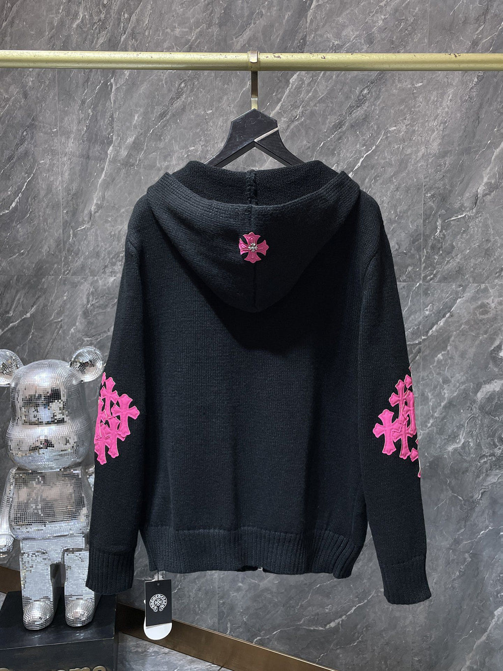 Pink Leather Cross Patch Black Wool Hoodie™